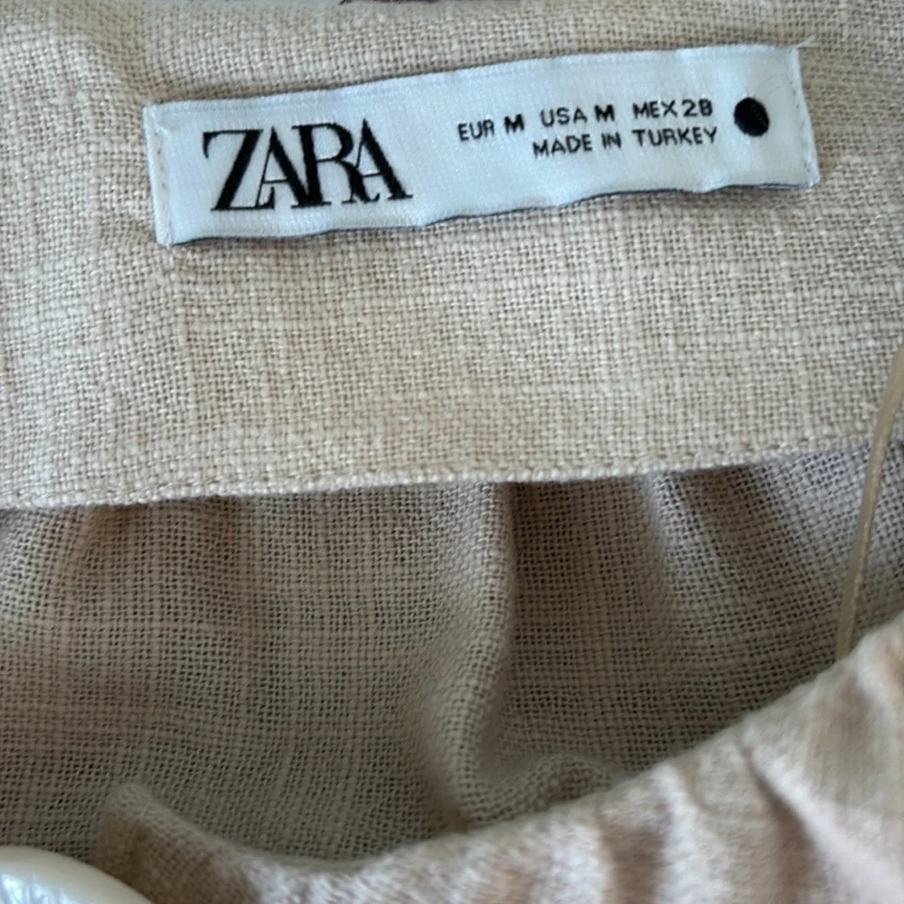 LN Zara Beige Shell Button Puff Sleeve Blouson Balloon Cropped Top Blouse - M